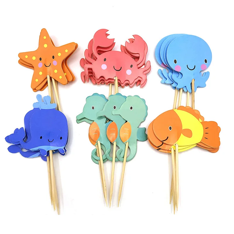 

24 Pieces Cupcake Tops Sea Animals Fish Sea Star Crab Shape Pattern Cake Flags Picks Kids Child Birthday Party Cake Decorating