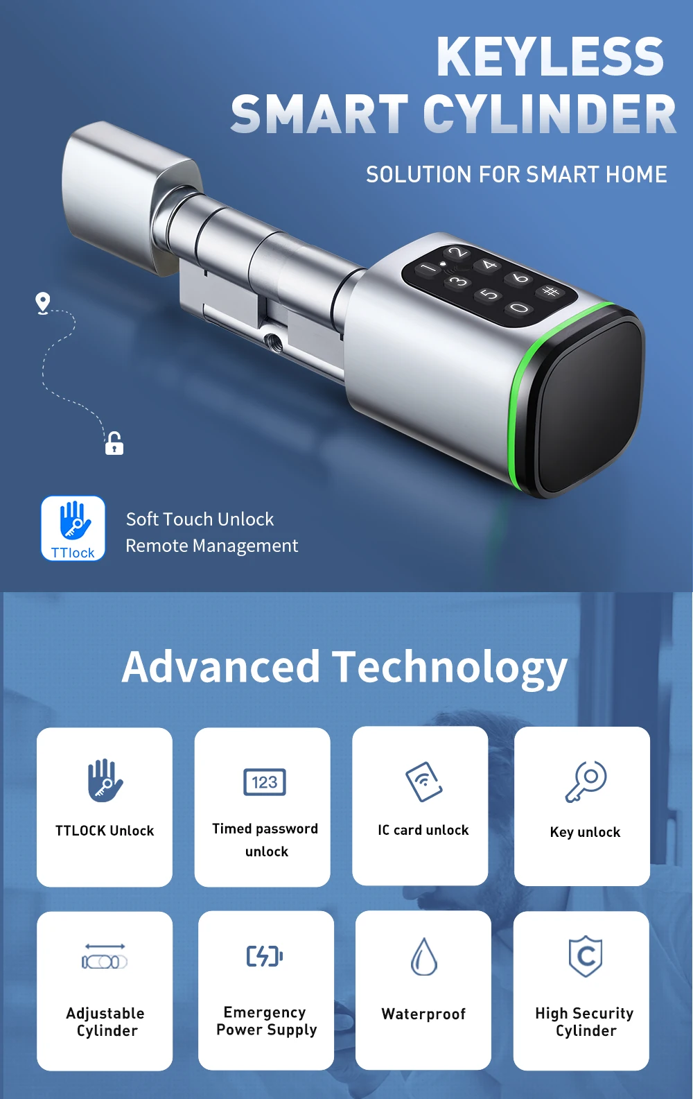 60 + 40 30 умный цилиндрический замок Физическая кнопка Alexa Google tuya ttlock BLE пароль