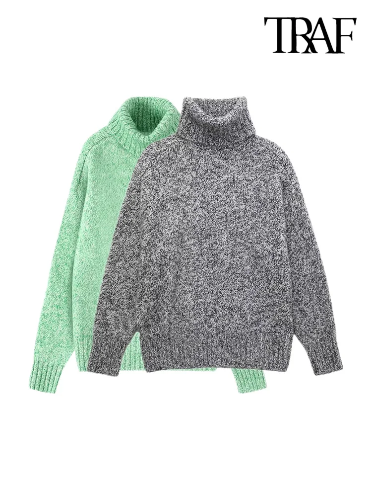 

TRAF Women Fashion Oversized Cozy Knit Turtleneck Sweater Vintage High Neck Long Sleeve Female Pullovers Chic Tops