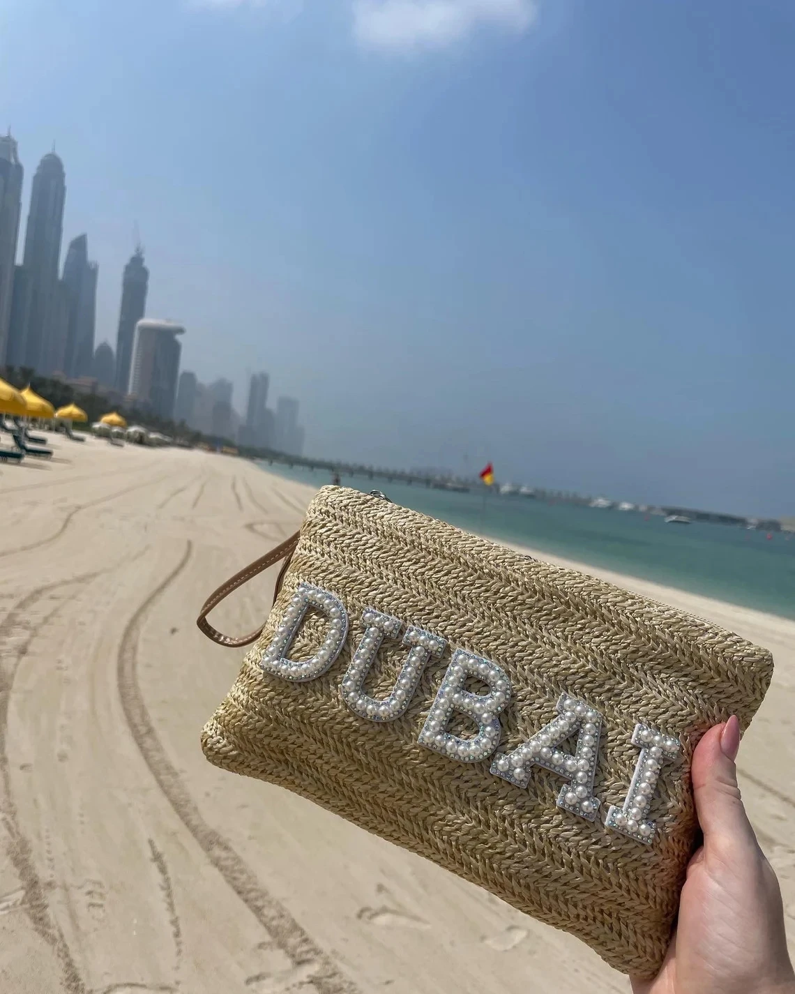 

Customised Straw Beach Clutch Bag Travel Pouch Personalised Custom Pearl & Rhinestone Lettering Holiday Gift for her