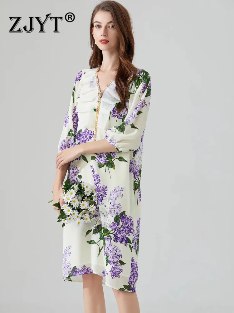 

ZJYT Luxury Floral Print 100% Real Silk Dress Summer Women Designer Chain VNeck Casual Loose Vestidos Elegant Holiday Robe Femme