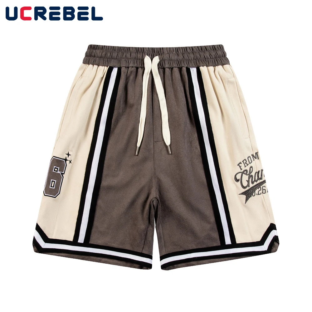 

Letter Embroidery Casual Shorts Mens Summer Contrast Paneled Half Pants Streetwear Loose Elastic Waist Knee-length Shorts Men