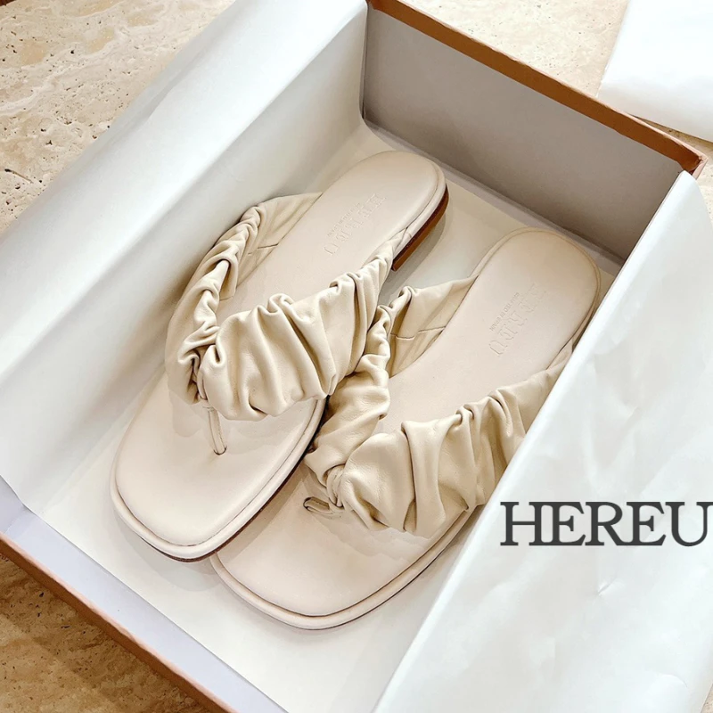 

Hereu Flip-Flops 2023 Women Sandals Flat Pleated Cloud Genuine Leather White Casual for Outer Wear Slippers designer sandals