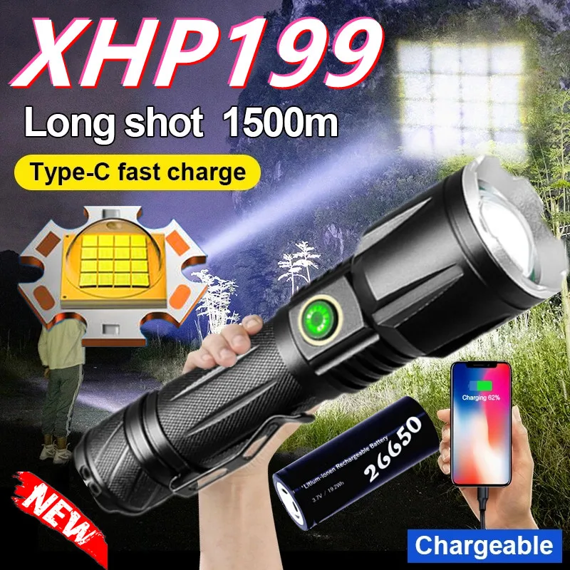 

Super Newest XHP199 Most Powerful Led Flashlight 18650 USB XHP90 High Power Tactical Flashlight Torch Rechargeable Hand light