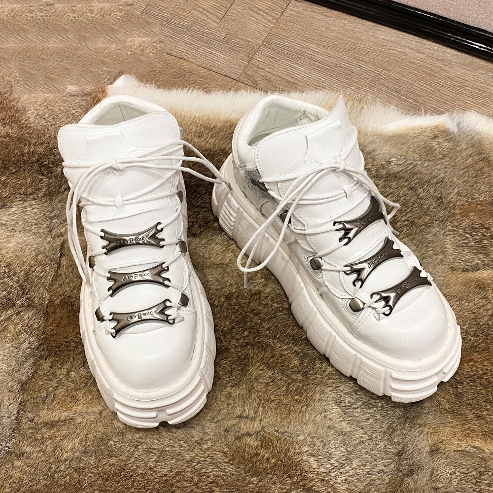 Women's Punk Style Leather Shoes Lace-up Heel Height 6CM Platform Female Gothic Ankle Boots PU Metal Decor Thick Bottom Sneakers