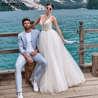 beach v neck tulle wedding dresses vestido de novia lace appliques elegant robe de mari%c3%a9e for bridal vintage bride gowns 2022