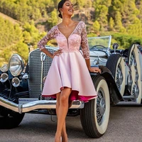latest lovely pink homecoming dresses knee length cocktail gowns v neckline with 34 sleeves party dresses lace open back