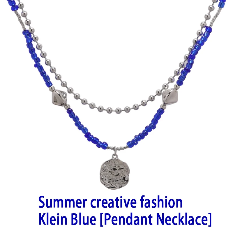 

New Necklaces for Men and Women Klein Blue Bead String Metal Sheet Pendant Multi-layer Chain Hip-hop Personality Cool Jewelry