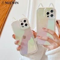 luxury aurora gradient cat ear phone case for iphone 13 12 11 pro max x xr xs rainbow colorful transparent soft silicone cover