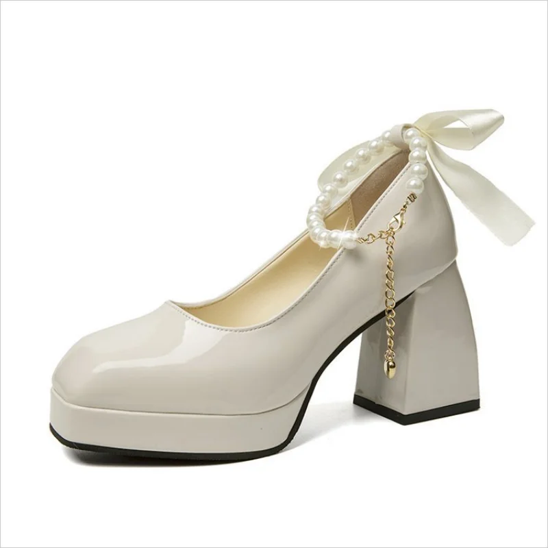 New Ladies High Heels Elegant Bow Square Toe Black High Heels Fashion Thick Heel Wedding Party Pearl Lace Wedding Shoe
