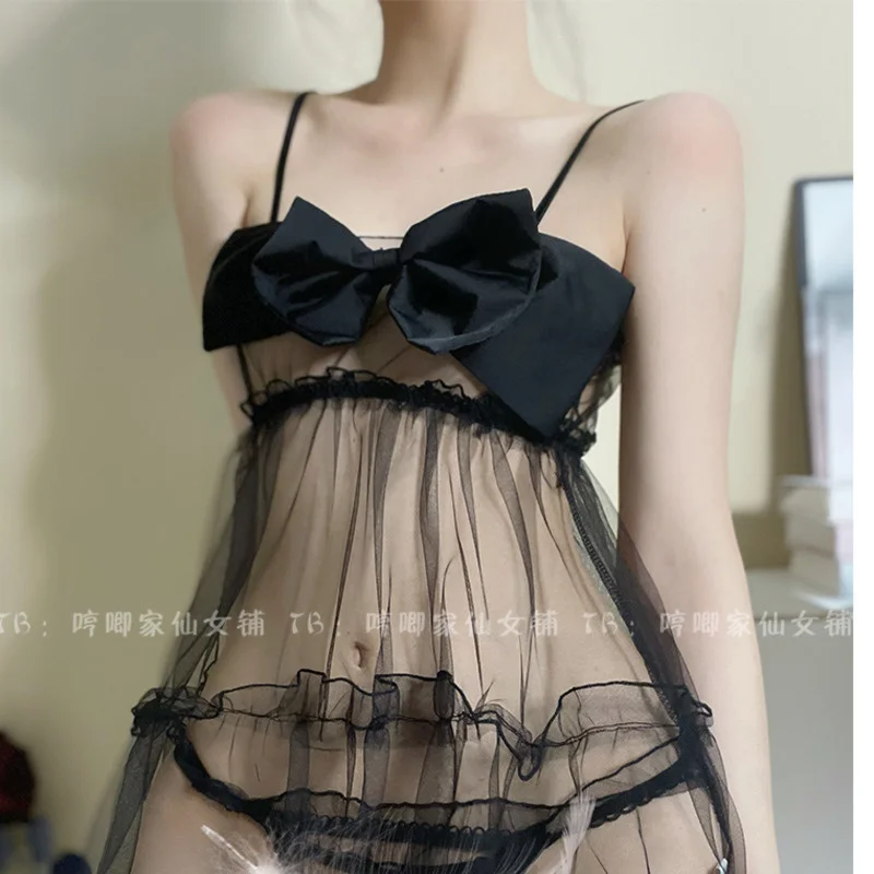 

Кружевная пикантная Ночная рубашка на бретелях с бантом милая Соблазнительная форма служанки для ролевых игр сетчатая пряжа однотонная с о...