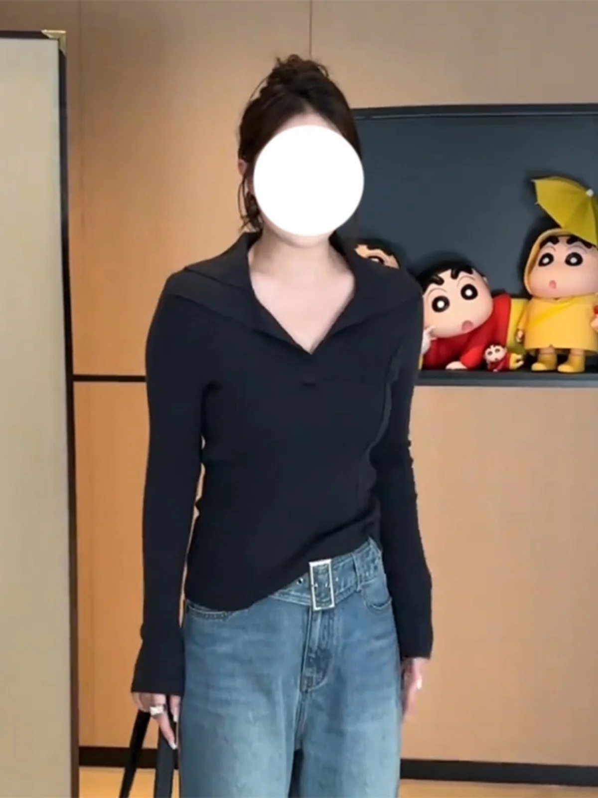 Модная однотонная вязаная футболка большого размера с длинным рукавом Новинка