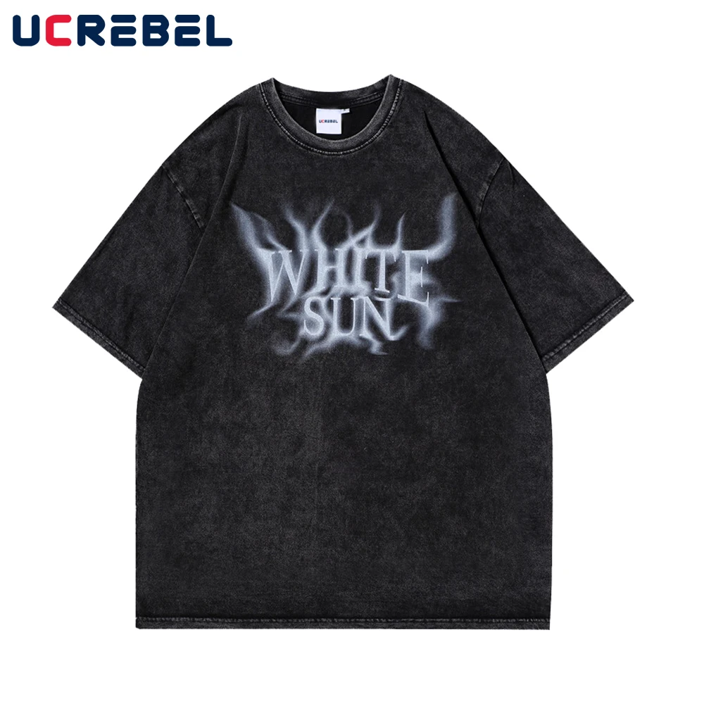 

Letter Print Short Sleeve T-shirt Mens Summer Distressed Crew Neck Half-Sleeve Streetwear Loose Cotton Tee Men