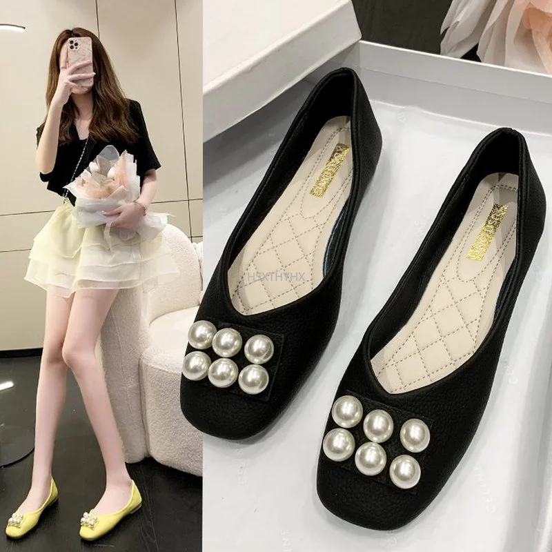 

Women's Flat Shoes Zlah Fashion All-match Vamp Round Buckle Decoration Pearl Embellishment Cute Women's Single Shoes