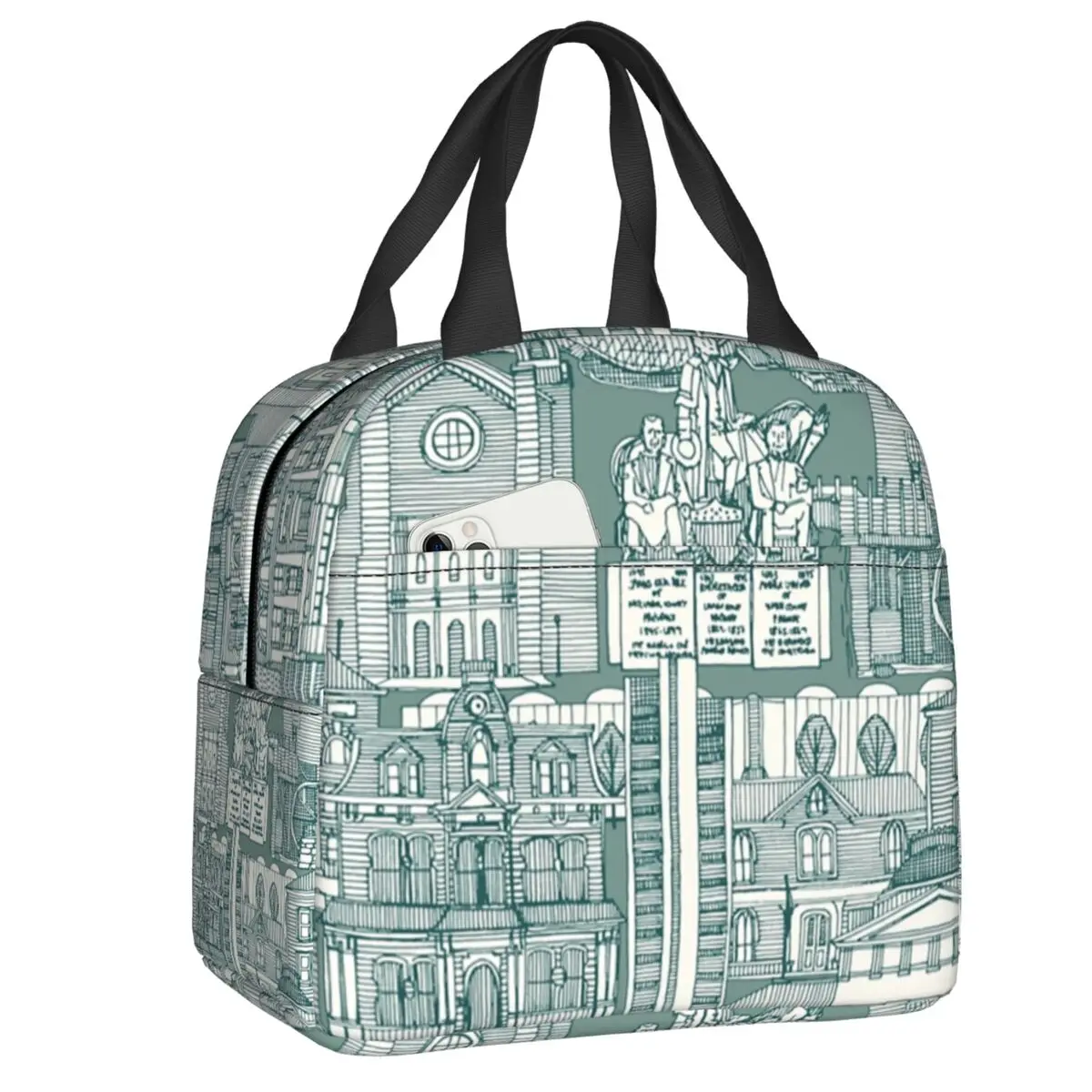 

Toile De Jouy Print Insulated Lunch Bag for Women Portable Raleigh NC Toile Jade Cooler Thermal Bento Box Beach Camping Travel