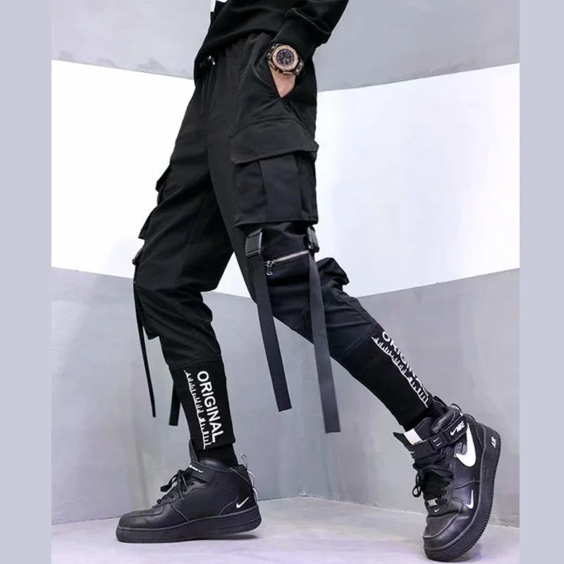 Stylish Japanese Fashion Harajuku Hip Hop Men Pants Streetwear Cargo Pants for Men Ribbon Pockets Joggers Techwear Male Trousers