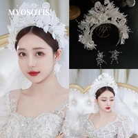 gorgeous pearl bridal crowns handmade tiara bride headband lace flower wedding diadem queen stage show hair accessories