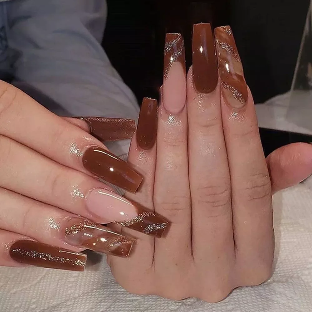 

NEW Long Ballerina False Nails Red-brown design Artificial Coffin Fake Nails With Glue Full Cover Nail Tips Press On Nails
