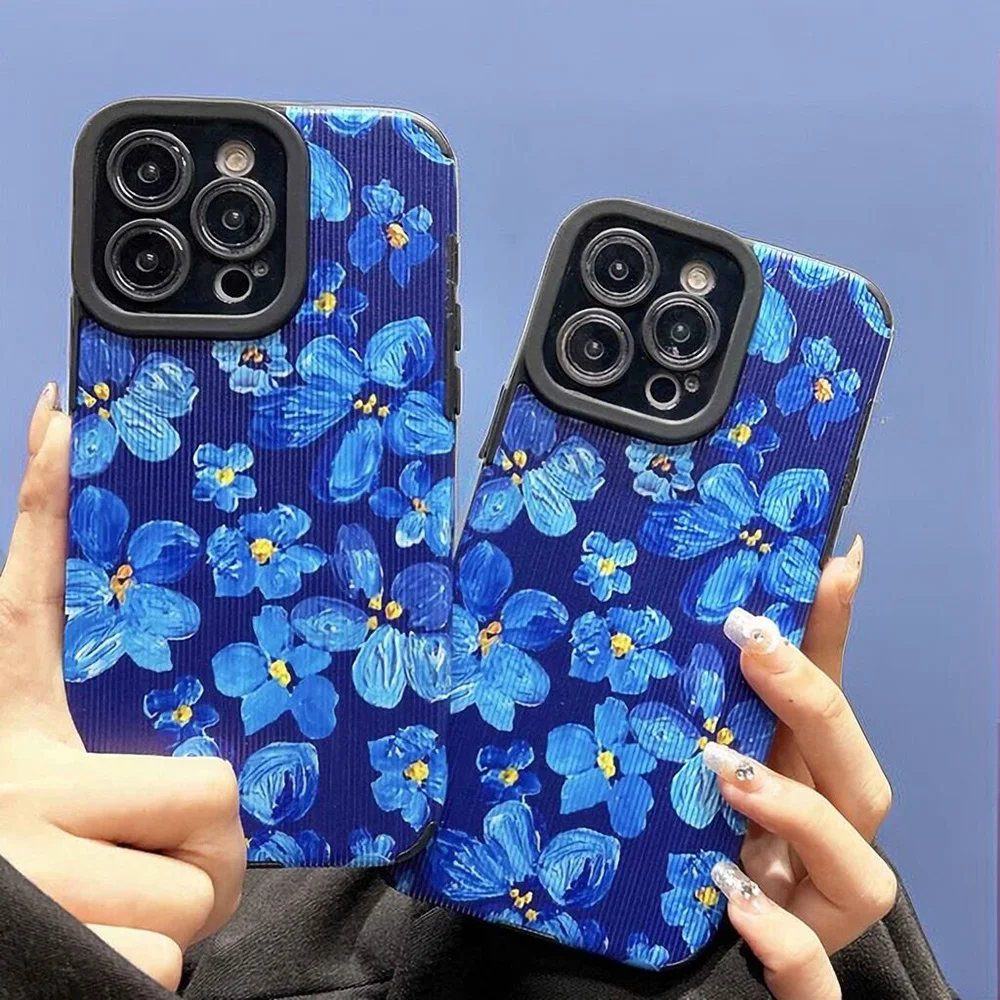 

Blue Oil Painting Flower Phone Case For Samsung Galaxy S23 Ultra S22 Plus S21 A71 A73 A72 A53 Stripe Shockproof Soft Back Cover