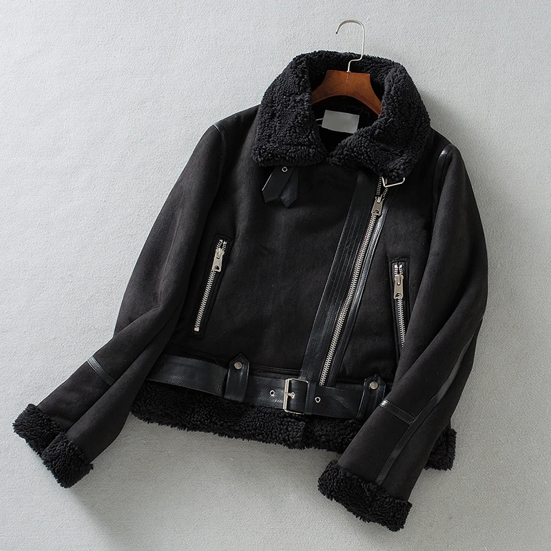 New Winter Women Thick Warm Faux Lamb Leather Jacket with Belt Streewear Suede Turndown Collar Moto Biker Coat Outwear Leather