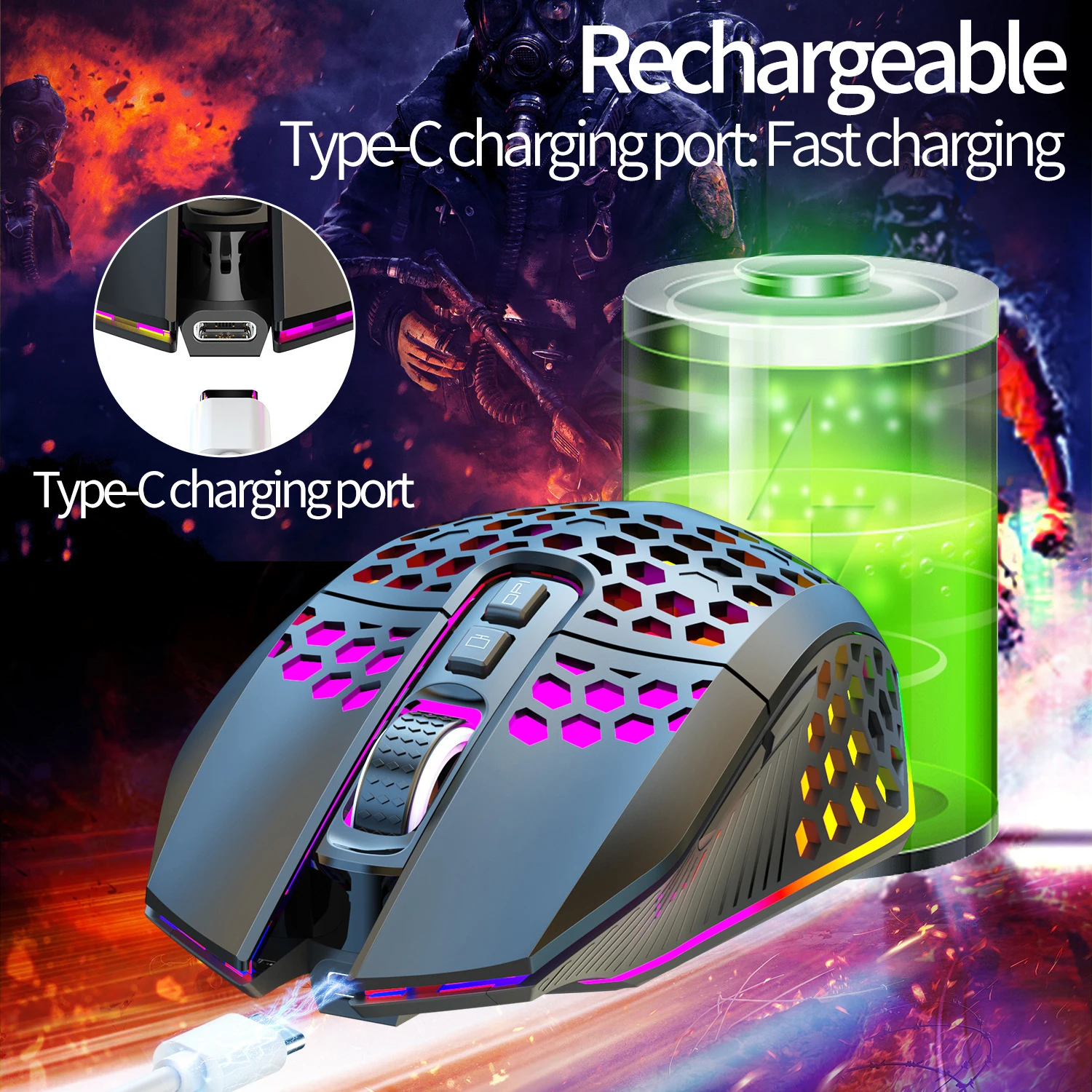 Фото Беспроводная игровая мышь HXSJ T500 rgb, перезаряжаемая офисная компьютерная мышь с отверстиями типа C, Бесшумная игровая беспроводная мышь 2,4 ГГц для настольного компьютера mac №3
