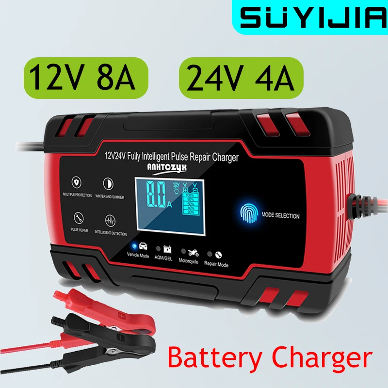 

12V 24V 8A Car Battery Charger 4A Smart Full Automatic Car Motorcycle Charging Device Lead-acid Battery Smart Repair LCD Display