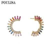 poulisa trendy colorful cubic zircon half circle stud earrings for women bohemia crystal earring piercings fashion accessories