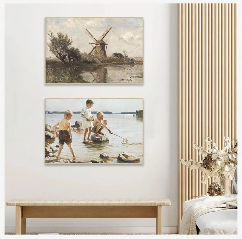 Винтажный деревенский Летний коттедж плакаты и принты с пляжным ландшафтом