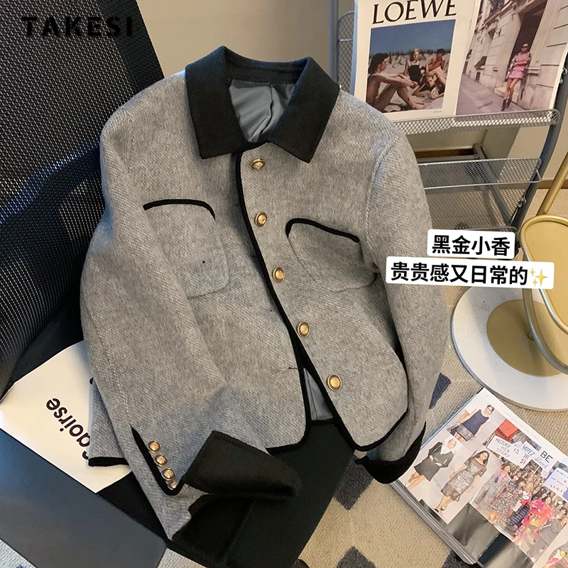 

2023 Autumn Winter Korean Luxury Style Single Breasted Casual Jacket Women Turn Down Collar Outerwear Fashion Patchwork Coat