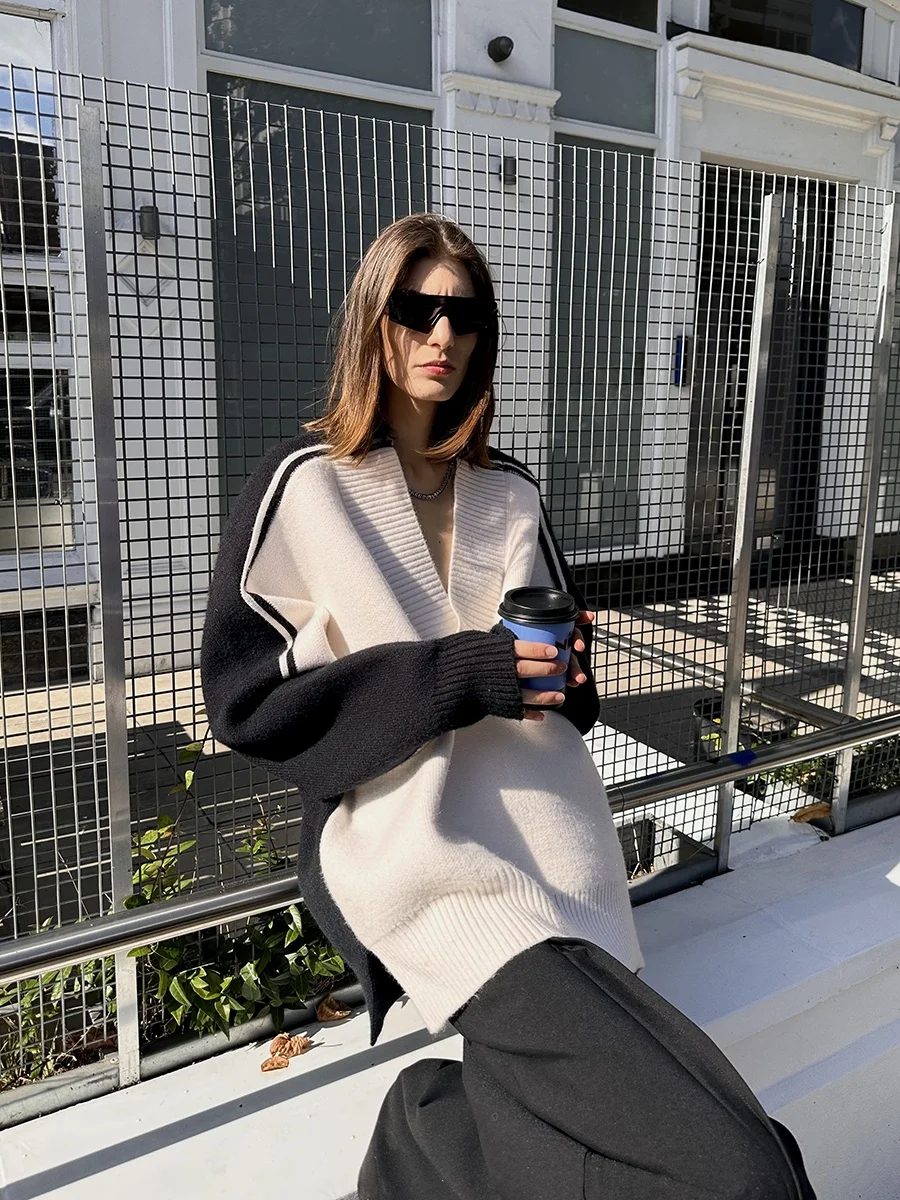 Черно-белый тяжелый вязаный лоскутный свитер Sourplum с v-образным вырезом мужской и