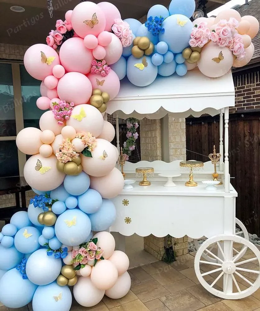 

108pcs Macaron Pink Blue Orange Balloons Garland Arch Kit 3D Gold Hollow Butterfly For Birthday Gender Reveal Party Decoration
