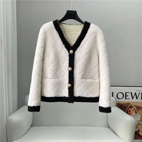 2023 New Winter Women Fashion Korean Sheep Shearing Fur Coat Female Casual Warm Solid  Long Sleeve Real Fur Coats Top 98