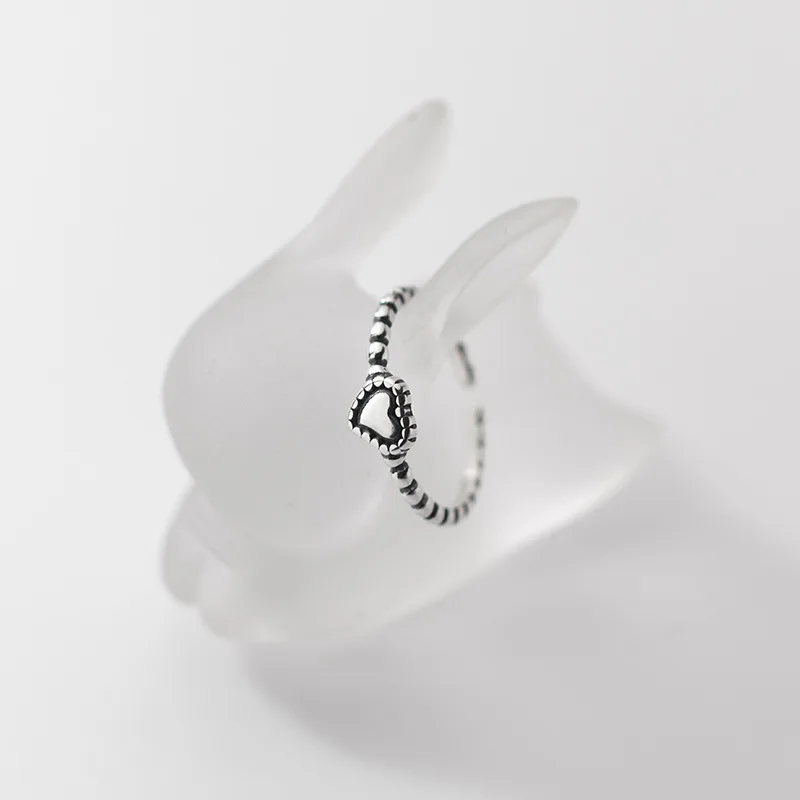 

925 Thai Silver Cute Heart Shaped Rings Resizable Punk Style Personality Trendy Jewelry