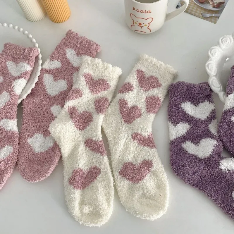 

Winter Thickened Coral Wool Warm Middle Tube Socks Heart Lovely Cotton Socks Sleep Socks Home Floor Socks Women Socks Cute Socks
