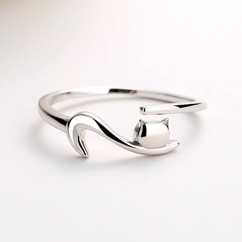 

S925 Silver Ring Female Korean Version Fashion Glossy Kitten Lying Down Cat Ring Girl Opening Mori All-match Simple Ring Jewelry