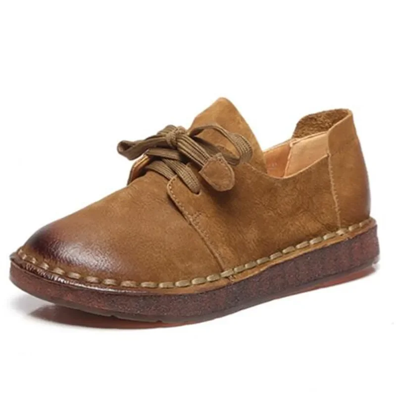 

Casual Shoes Female Ladies Flats Vulcanized Shoes Genuine Leather Lace Up Flat Shoes Round Toe Classics Fashion Shoes For Woman