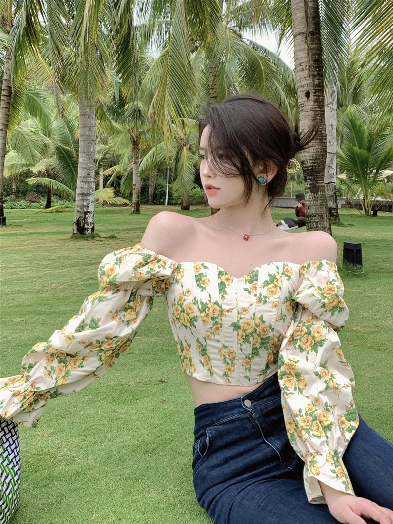 

Женская блузка с цветочным принтом, V-образным вырезом и рукавами-фонариками