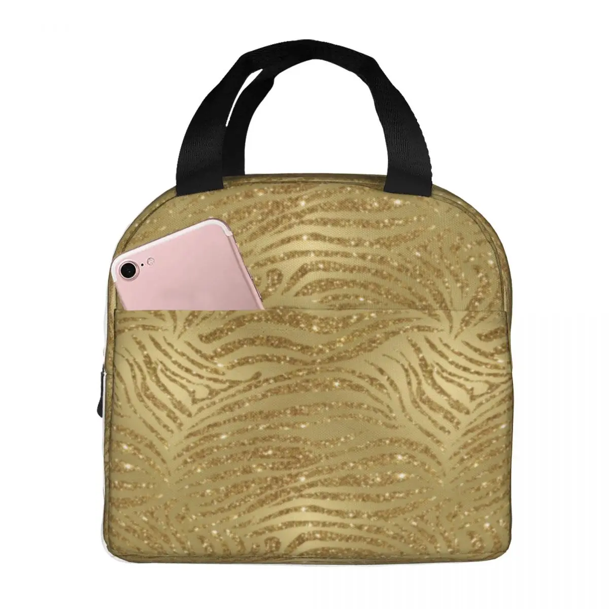 

Sparkle Tiger Print Lunch Bag with Handle Gold Glitter Stripes Aluminum Cooler Bag Fashion Cute Zipper Takeaway Thermal Bag
