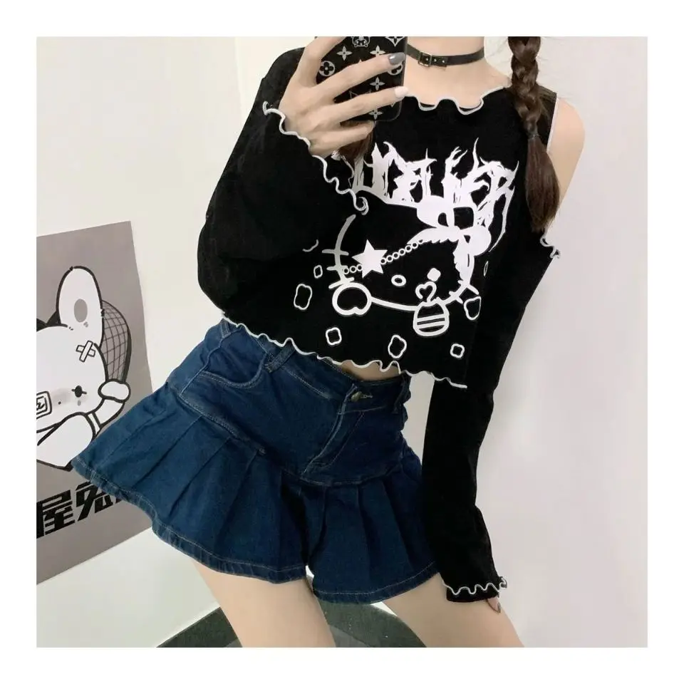 

Kawaii Authentic Sanrio Kuromi Naked Shoulders Long Sleeves T-Shirt Hello Kitty Cartoon Anime Loose Umbilical Tops Girls Gift