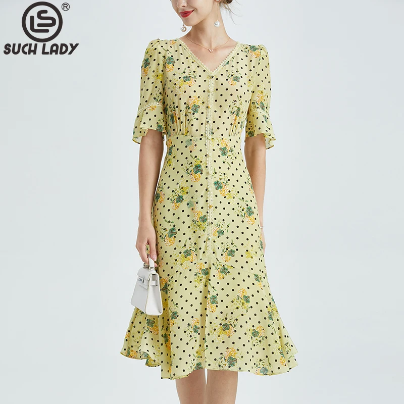 

100% Natural Silk Dress Women's V Neck Short Sleeves Ruffles Lace Piping Fashion Designer Printed Mid Outerwear Vestidos
