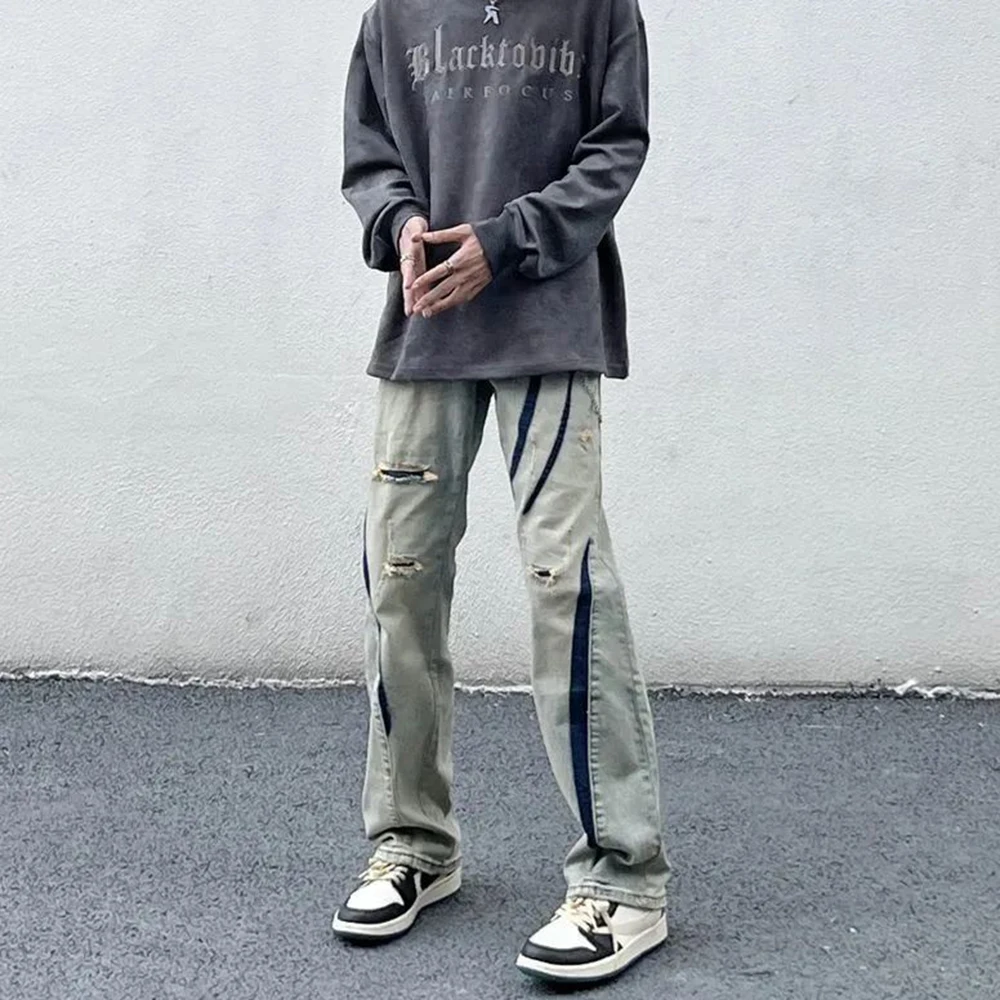 American Style Old Ripped Denim Trousers Men's Street Wear with Color Contrast Design Loose Straight Jeans Trend Hip-hop Pants