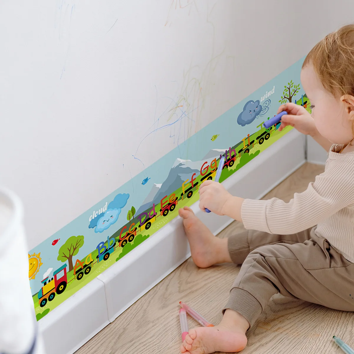 Наклейки с мультяшными линиями поезд завод дизайн английские буквы плинтус