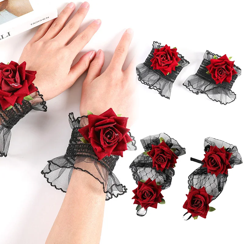 

Перчатки в виде красной розы, женские милые браслеты, имитация розы, костюмы для косплея, кружевные манжеты на запястье, аксессуары для украшения Лолиты на Хэллоуин