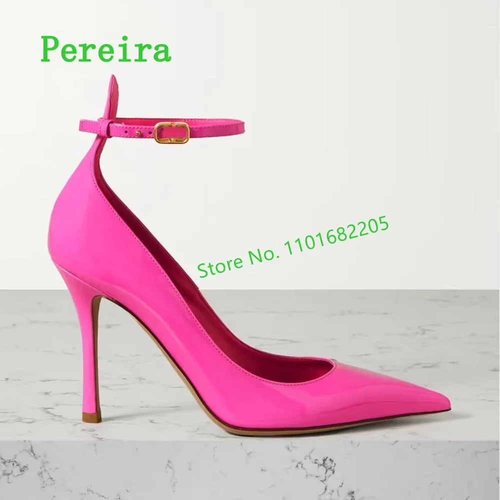 Rose Red Stiletto Pumps Solid Pointed Toe Ankle Strap Buckle Patent Leather Women's Sexy Party Commute Shoes for Free Shipping