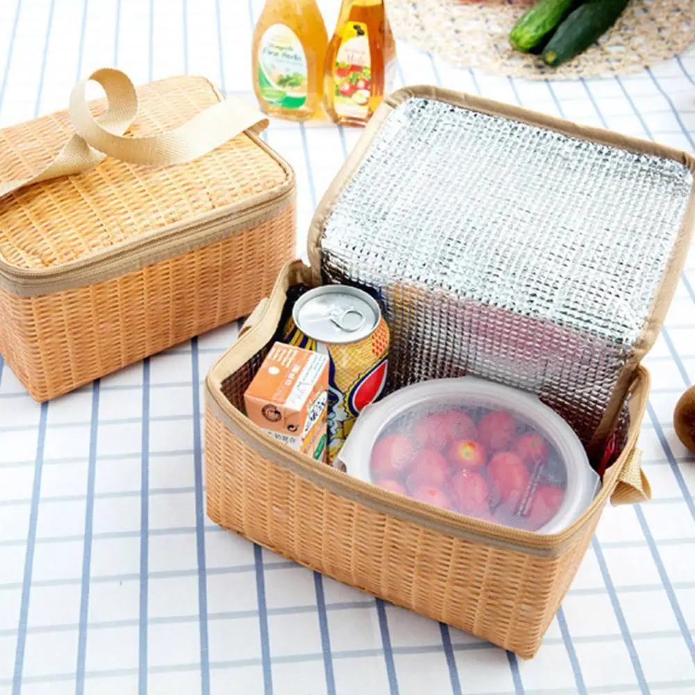 

Portable Wicker Rattan Outdoor Picnic Bag Waterproof Tableware Insulated Thermal Cooler Food Container Basket For Camping P N8P8