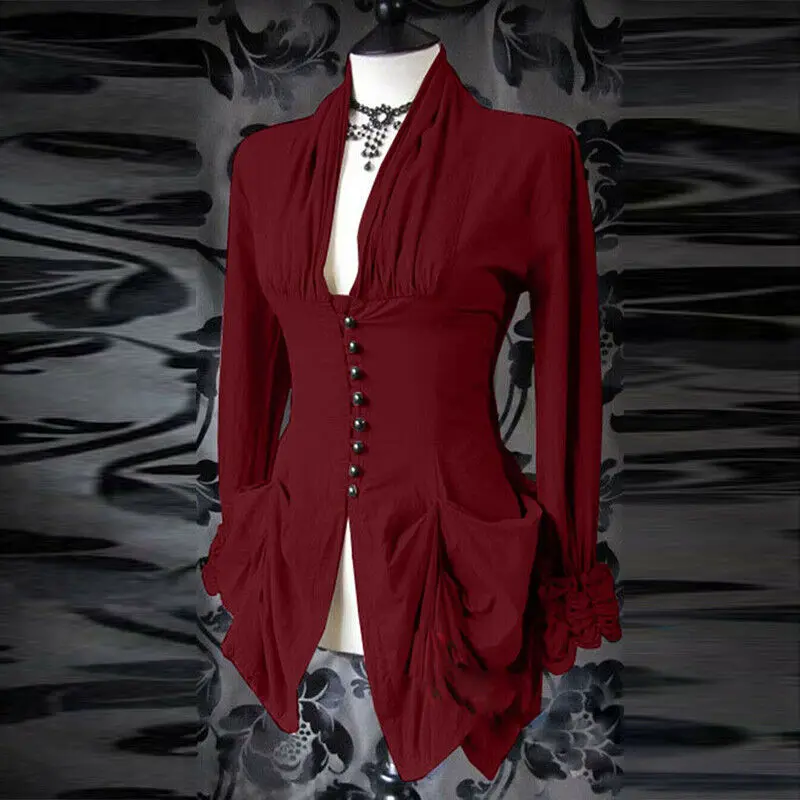 Женская винтажная блузка в стиле стимпанк готический Топ с длинным рукавом и