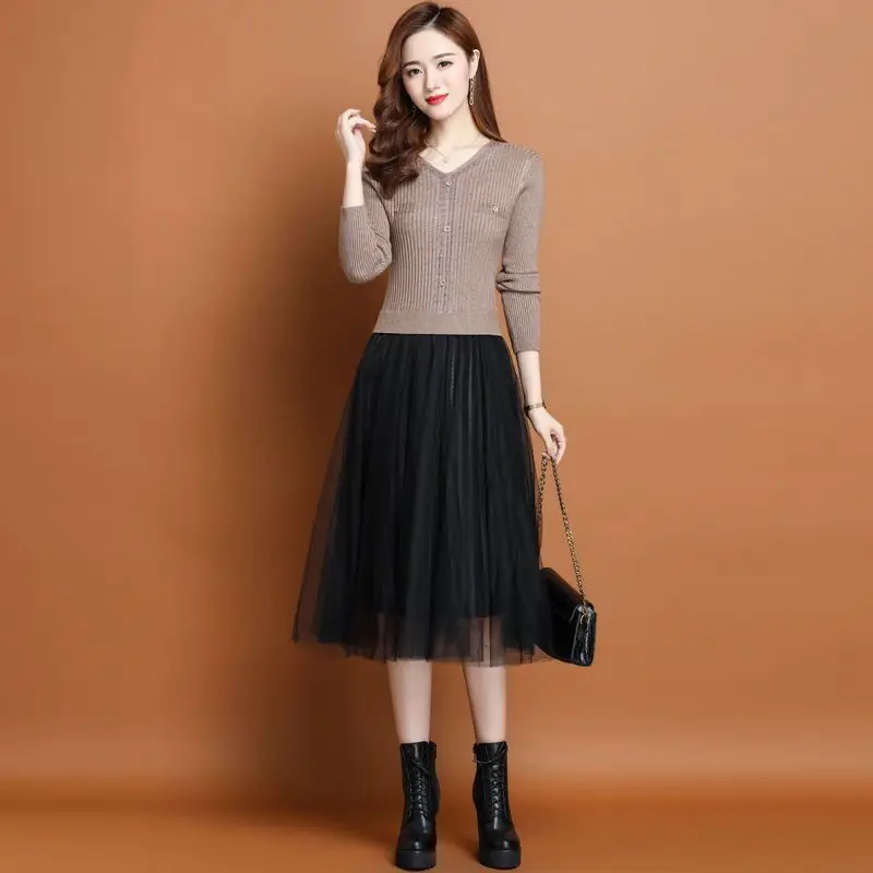 

Women Autumn Winter V-neck Elegant Sweater Dress Female Maxi Tight-fitting High Waist Long Knitting Knitwear Warm Dresses M350