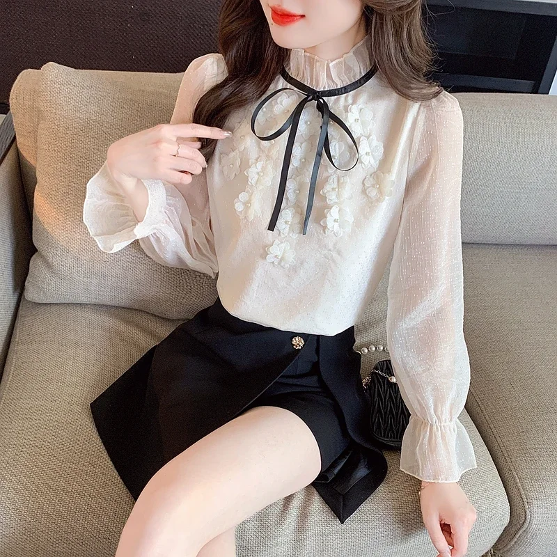 Модная женская блузка с воротником-стойкой и цветочным бантом Рубашки Топы