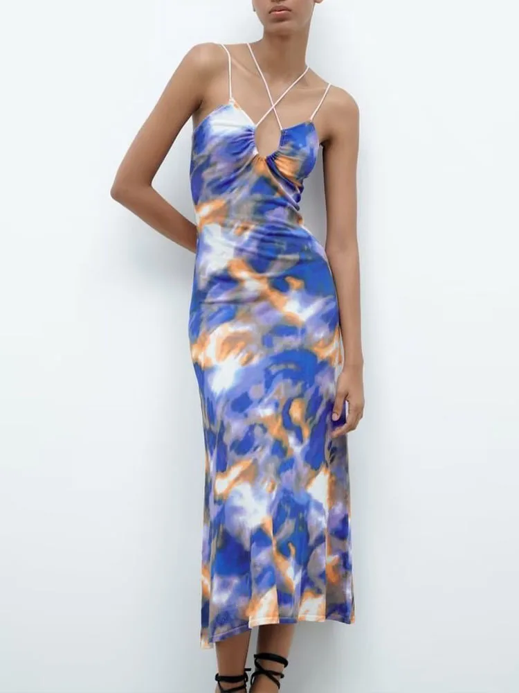 

New fashion casual women's elegant temperament tie-dye knitted suspender dress