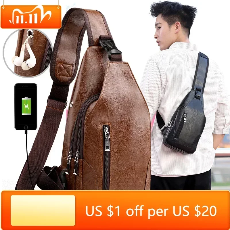 

2023 Vintage Men Shoulder Bag Fashion Business Package Leather Crossbody Sling Messenger Bags Big Capacity Male Chest Pack